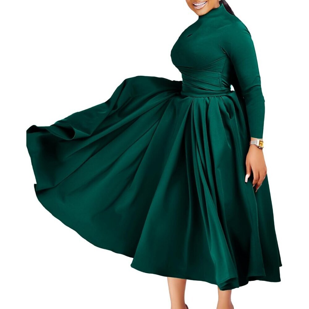 Women Elegant Long Dress Polyester Flowy High Waist Casual Swing Dress